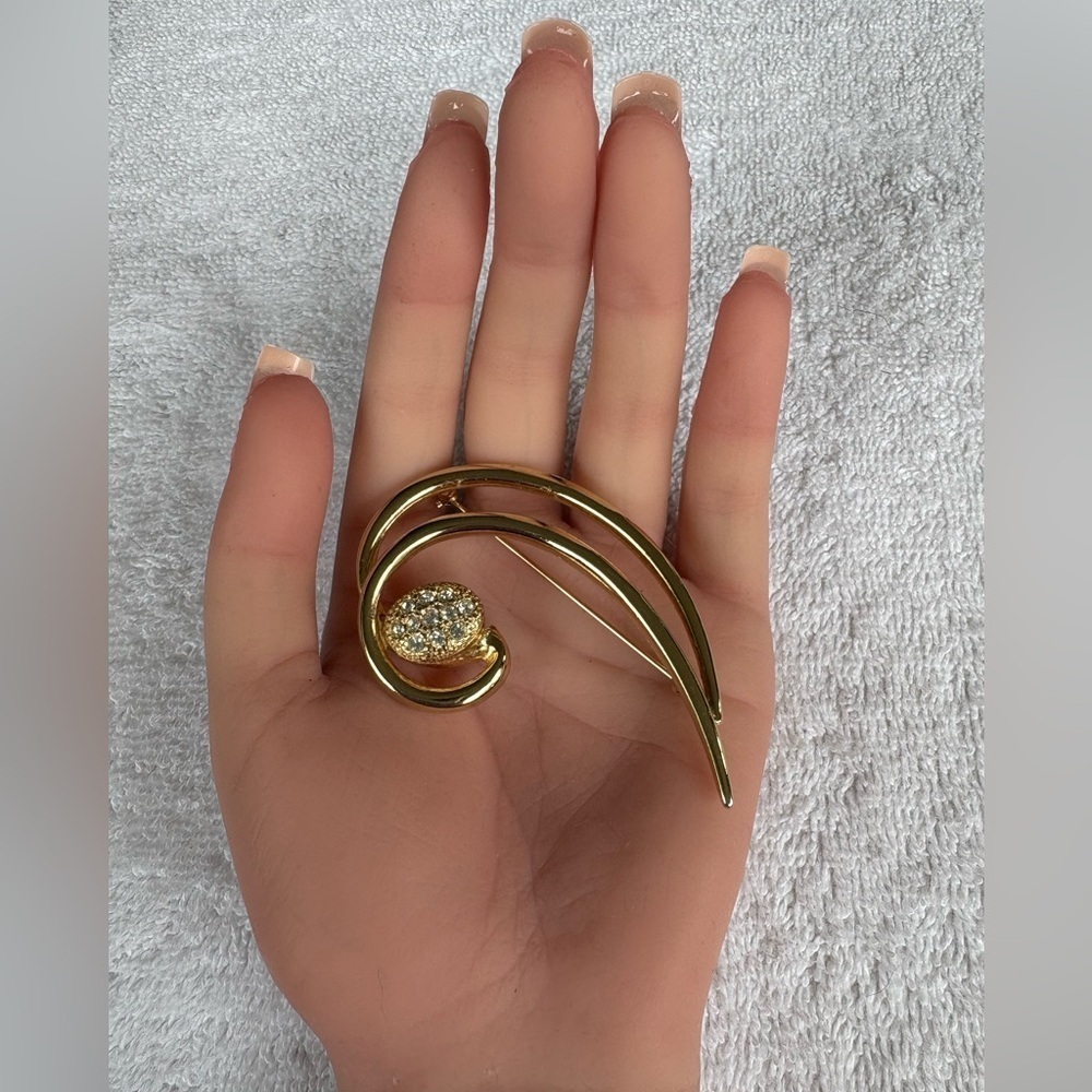 Vintage Gold Tone MCM Swirl Brooch with Pave Rhinestones